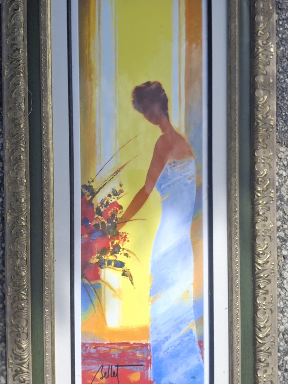 Elegant Woman with Bouquet Art Print in Blue and Yellow